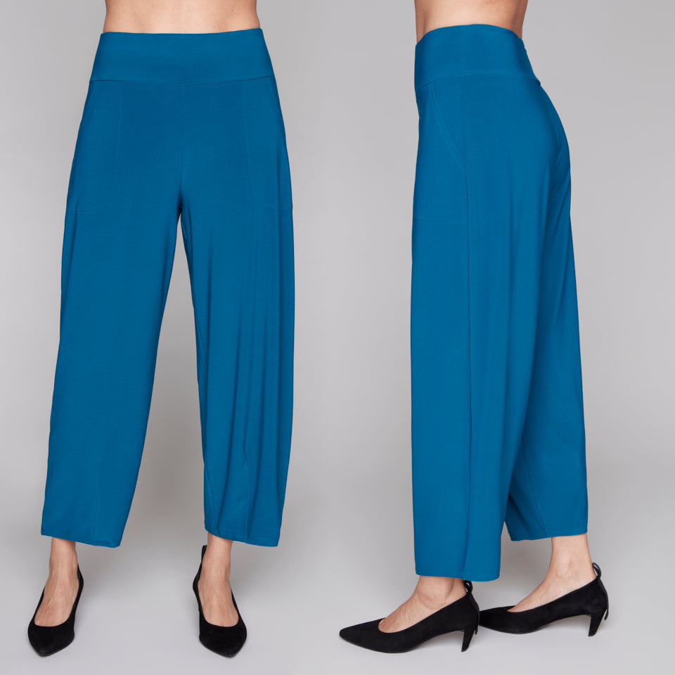 Blue pants shown from front and side on a gray background