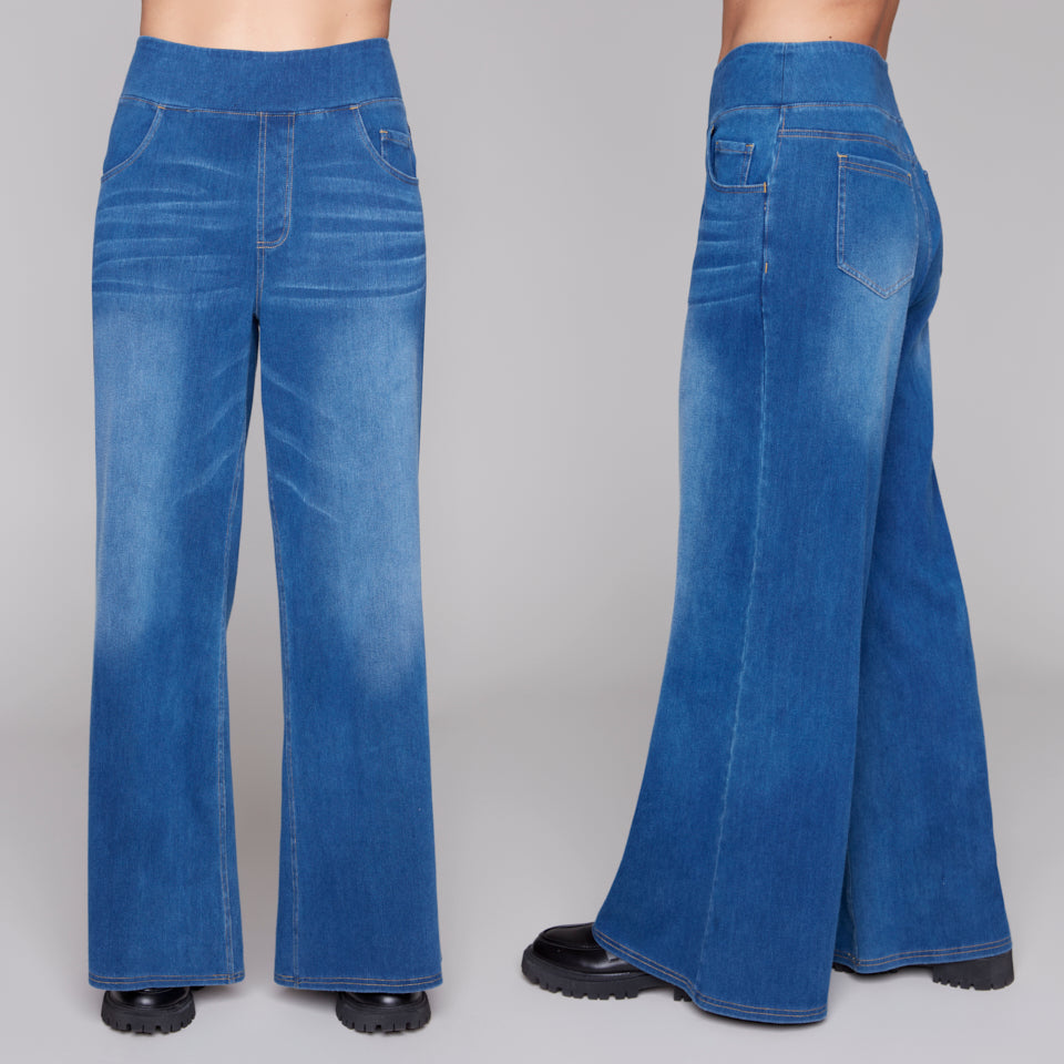 Blue wide-leg jeans shown from front and side on a gray background