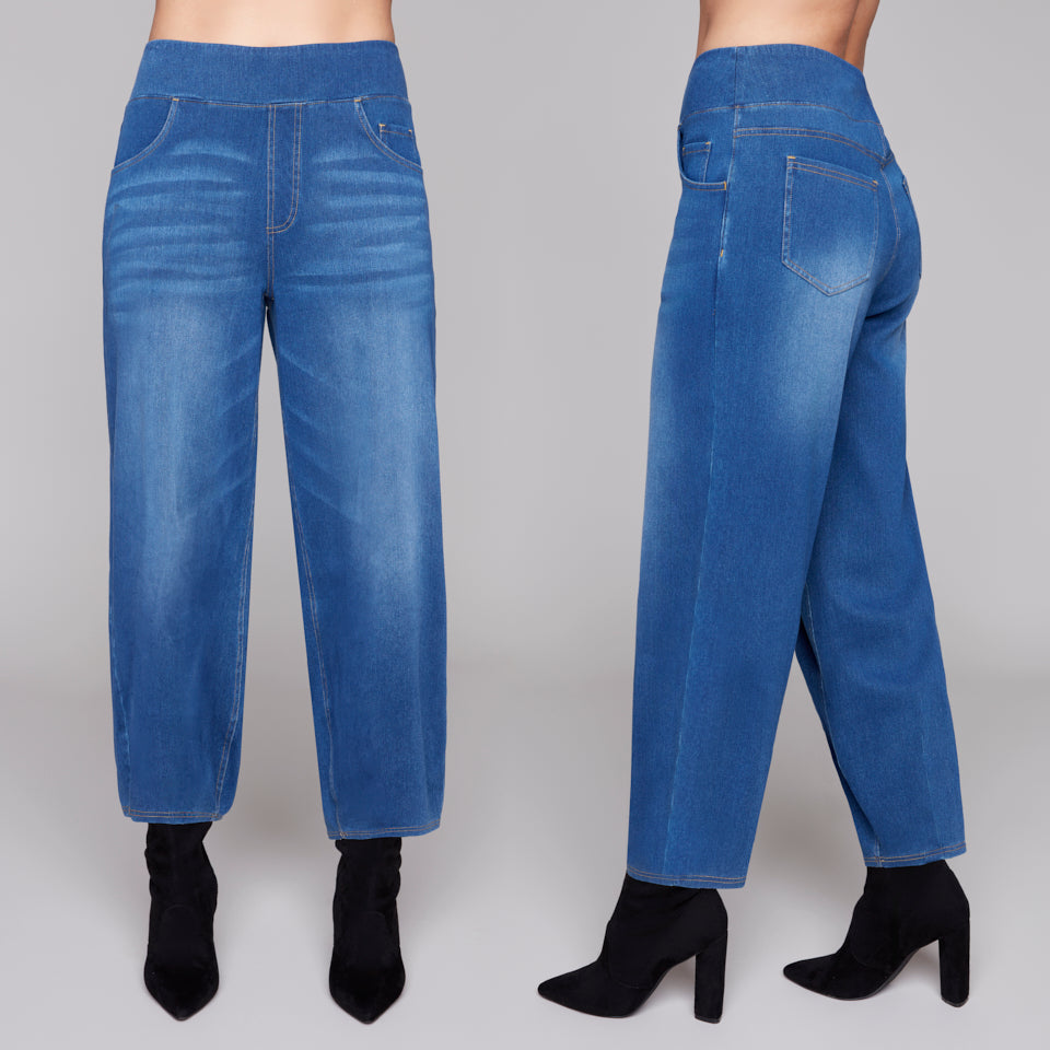 Pull on jeans shown front view and side view
