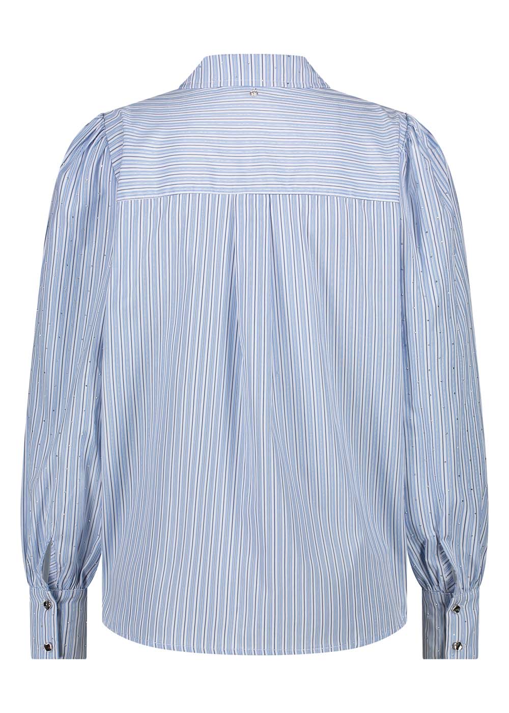 Back view of a light blue striped blouse with gathered yoke and full sleeves, finished with buttoned cuffs.