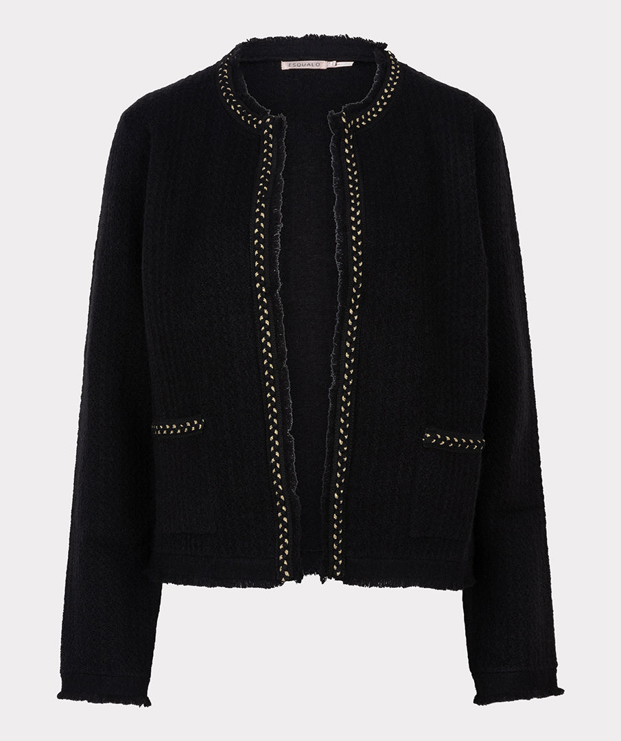 Black jacket with decorative stitching on a white background