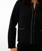 Black jacket with decorative stitching on a white background