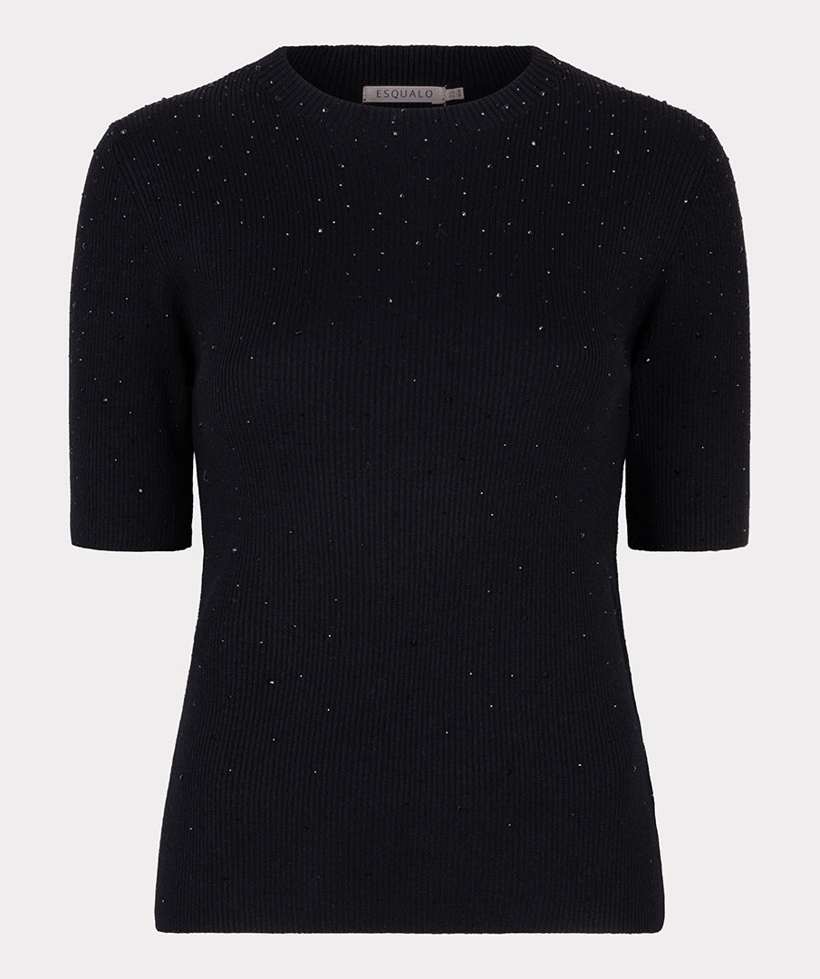 Off Figure Black short-sleeve sweater with subtle pattern on a light gray background