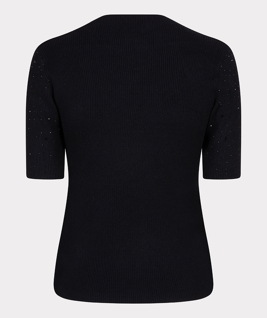 back View off figure Black short-sleeve top on a light gray background