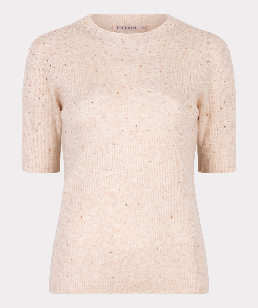 Beige short-sleeve sweater on a light gray background
