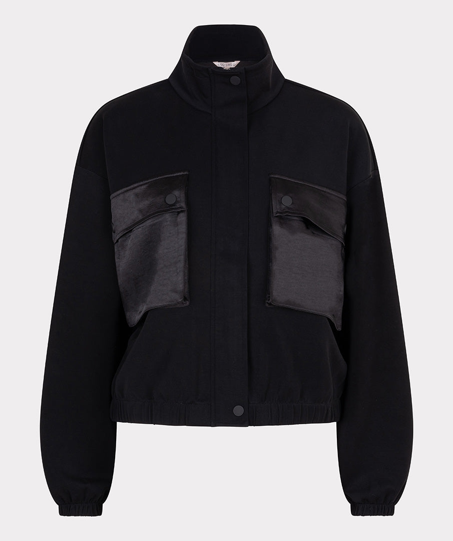 Black jacket with two front pockets on a light gray background
