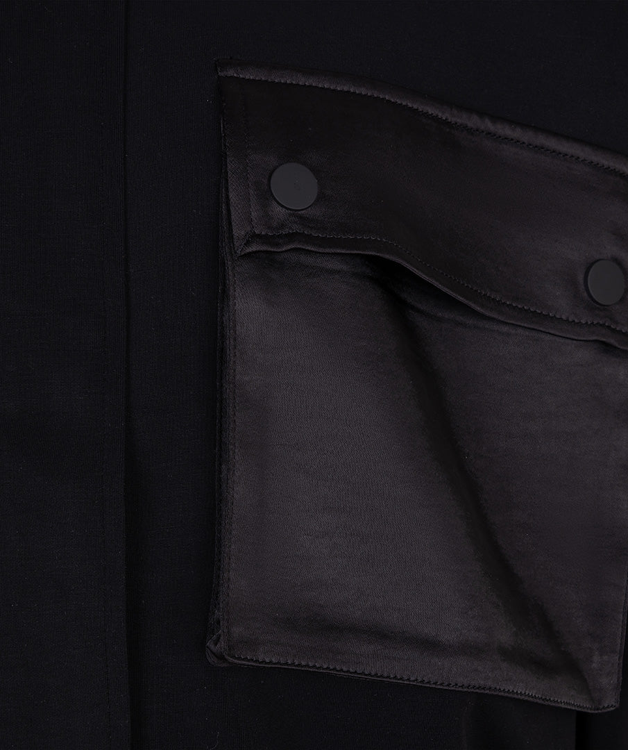 Close-up of a black jacket with a pocket