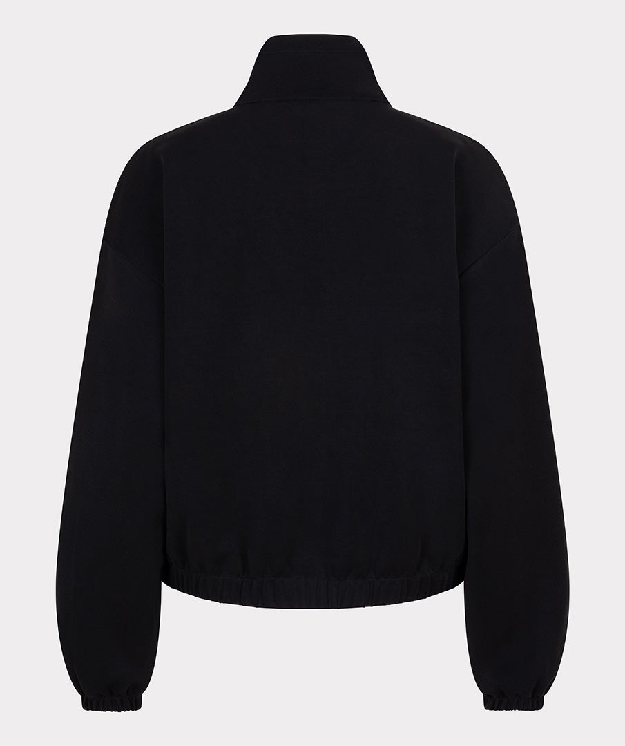 Back View of Black jacket on a light gray background