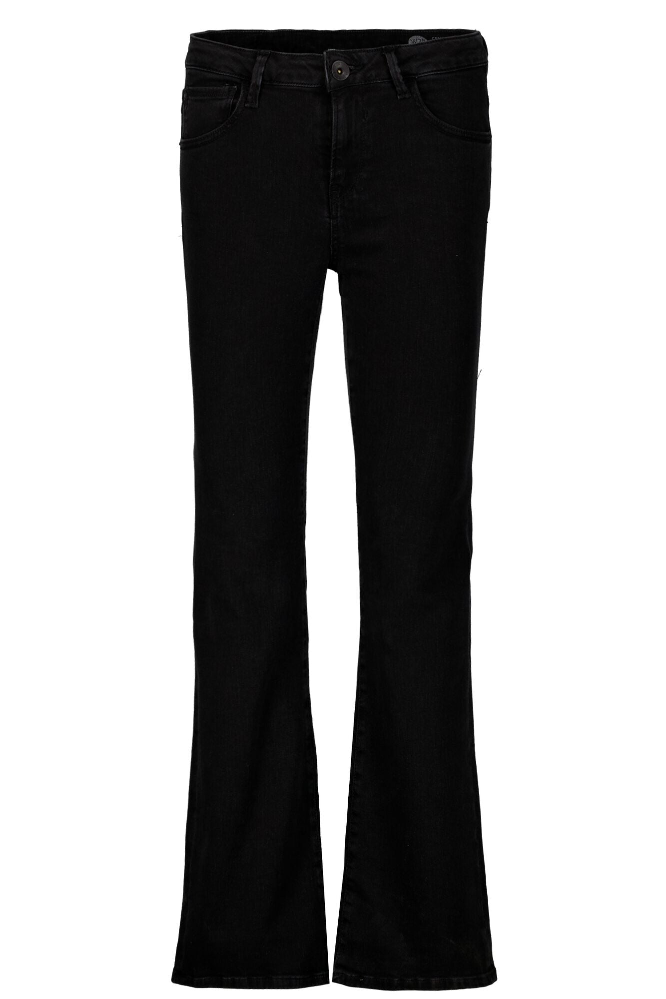 Black bootcut jeans laid flat against a white background, featuring a mid-rise waist and classic five-pocket design.