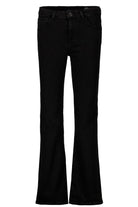 Black bootcut jeans laid flat against a white background, featuring a mid-rise waist and classic five-pocket design.