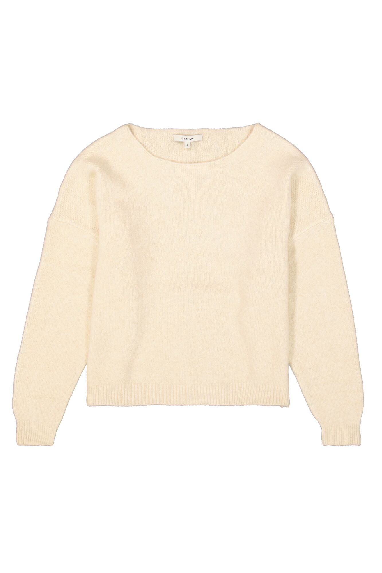 soft beige knit sweater with a wide neckline and relaxed fit.