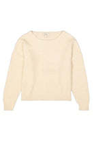 soft beige knit sweater with a wide neckline and relaxed fit.