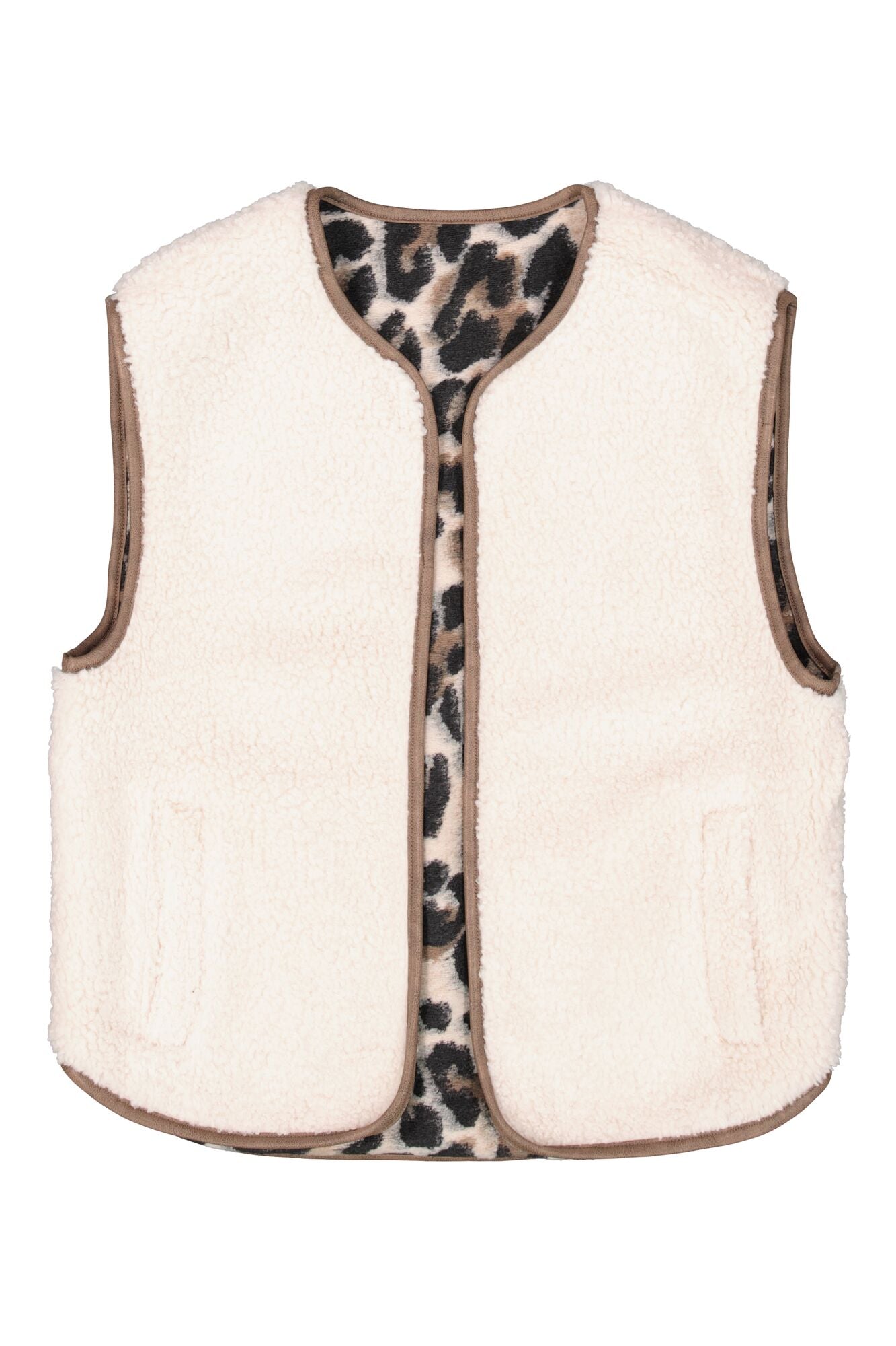 Beige vest with leopard print trim on a white background