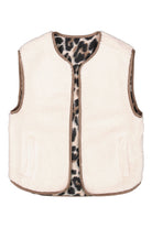 Beige vest with leopard print trim on a white background