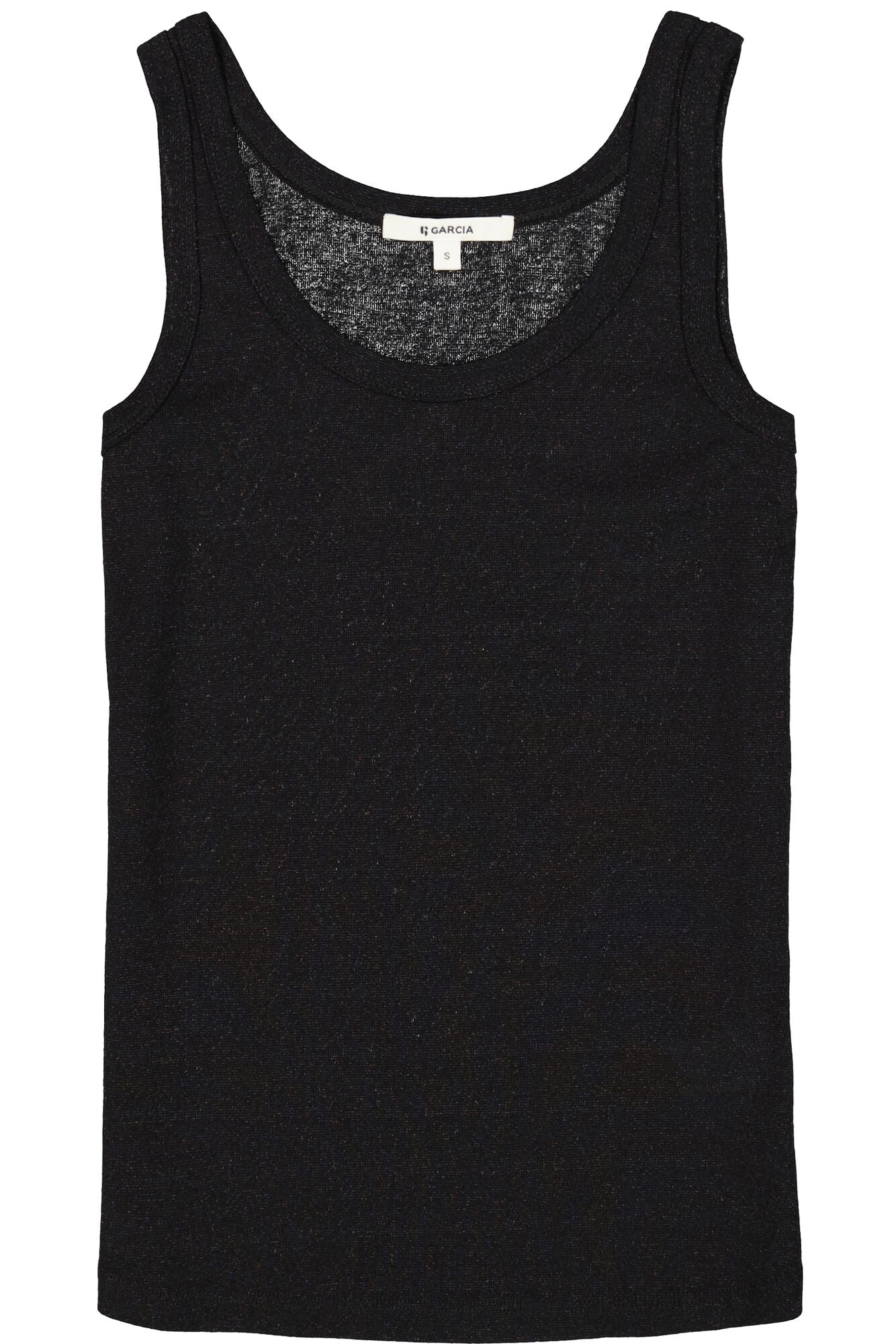 Black shimmer tank top on a white background
