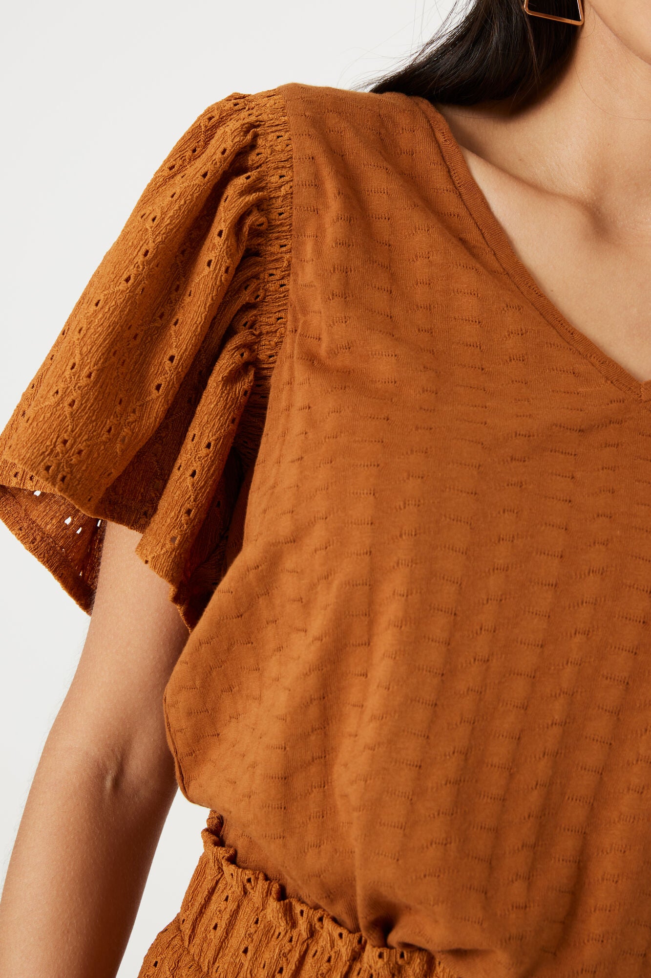 Close-up of the eyelet sleeve and V-neckline – Highlights the gathered shoulder and contrast between the sleeve and body textures.