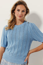 Close-up view of light blue open-knit sweater showing textured stitch pattern and button detail at the shoulder.