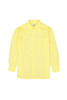 Women’s yellow cotton button-up shirt with a pointed collar and long sleeves, laid flat.