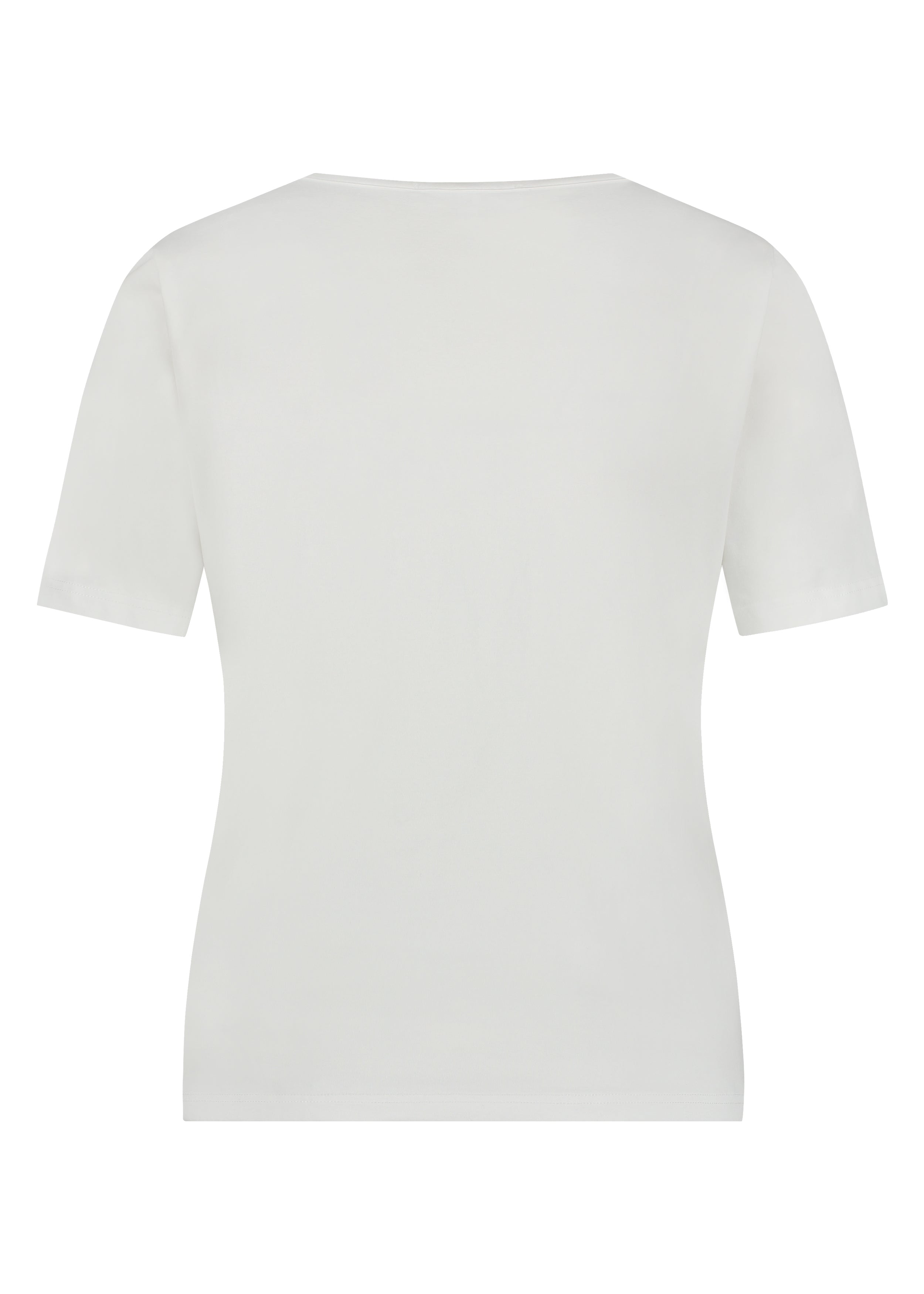 Back view of a white V-neck short sleeve T-shirt.