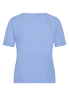 Back view of a light blue V-neck short sleeve T-shirt.