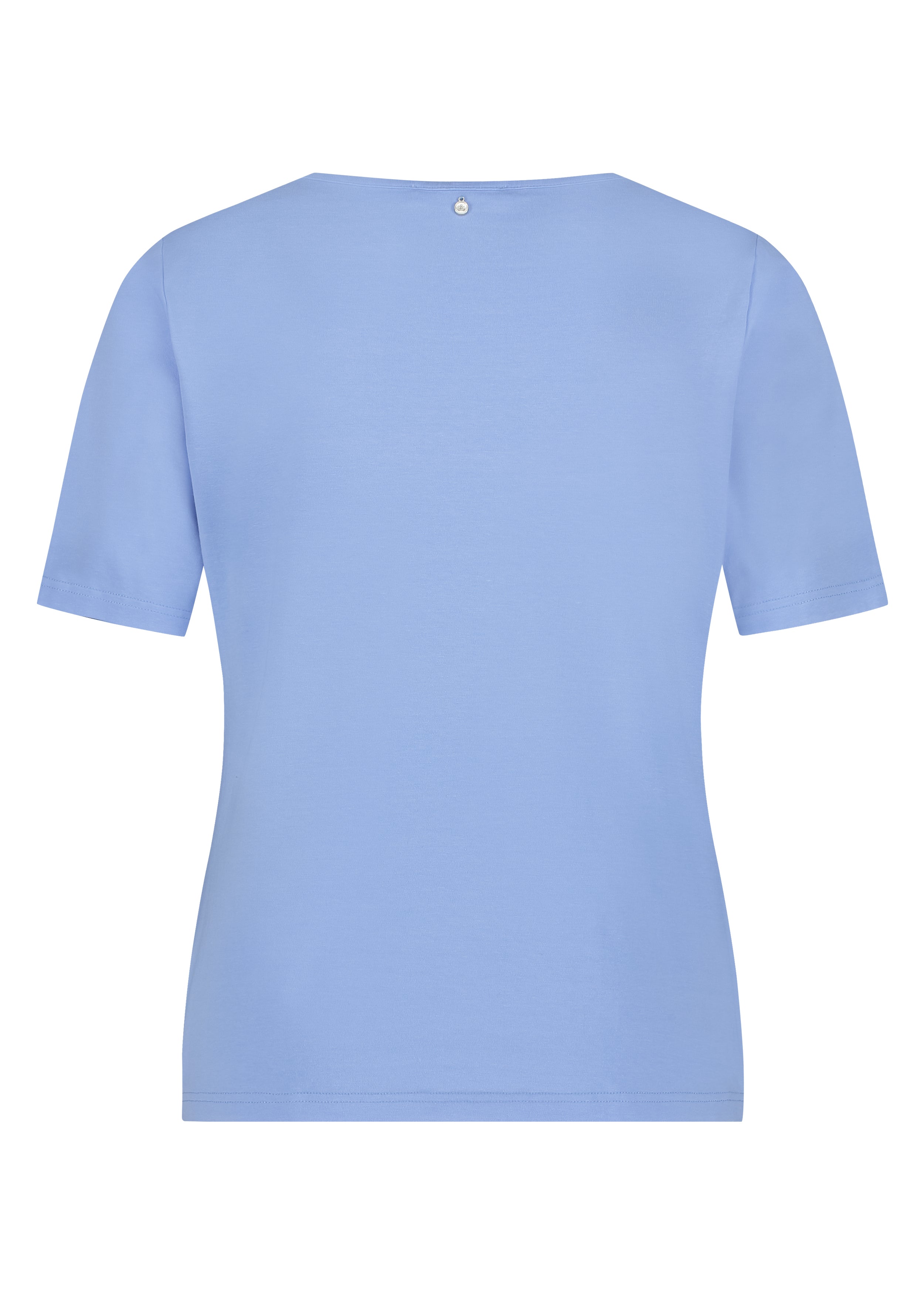 Back view of a light blue V-neck short sleeve T-shirt.