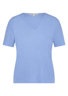 Front view of a light blue V-neck short sleeve T-shirt.