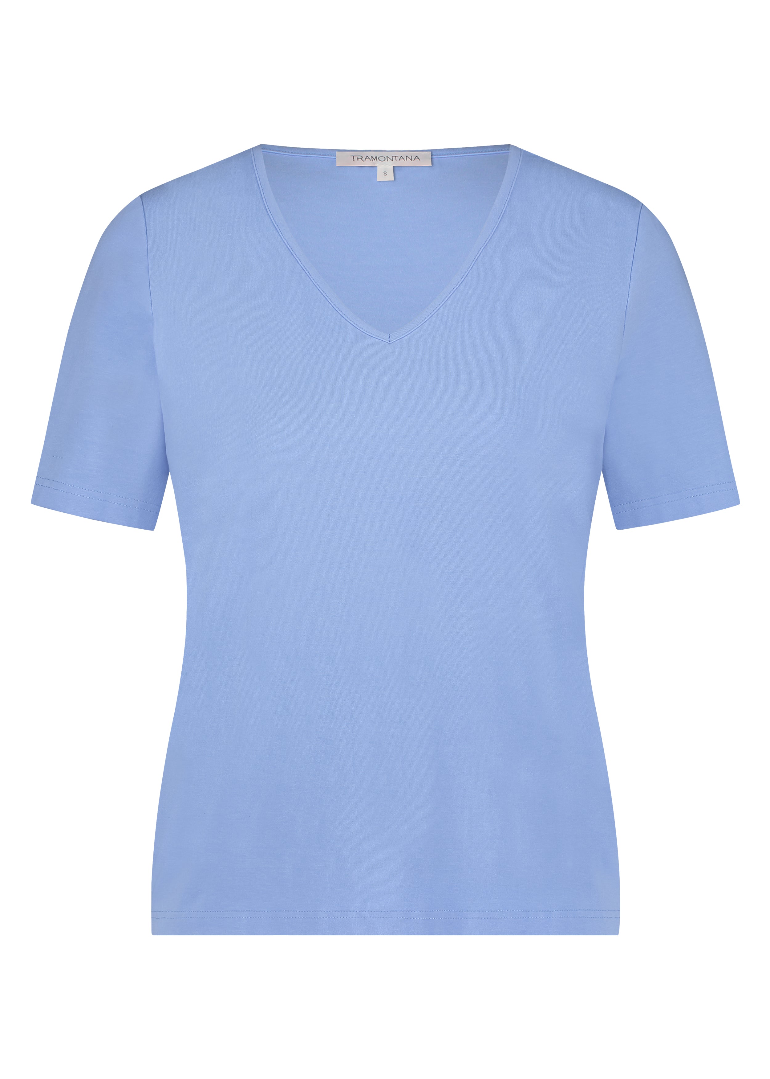 Front view of a light blue V-neck short sleeve T-shirt.