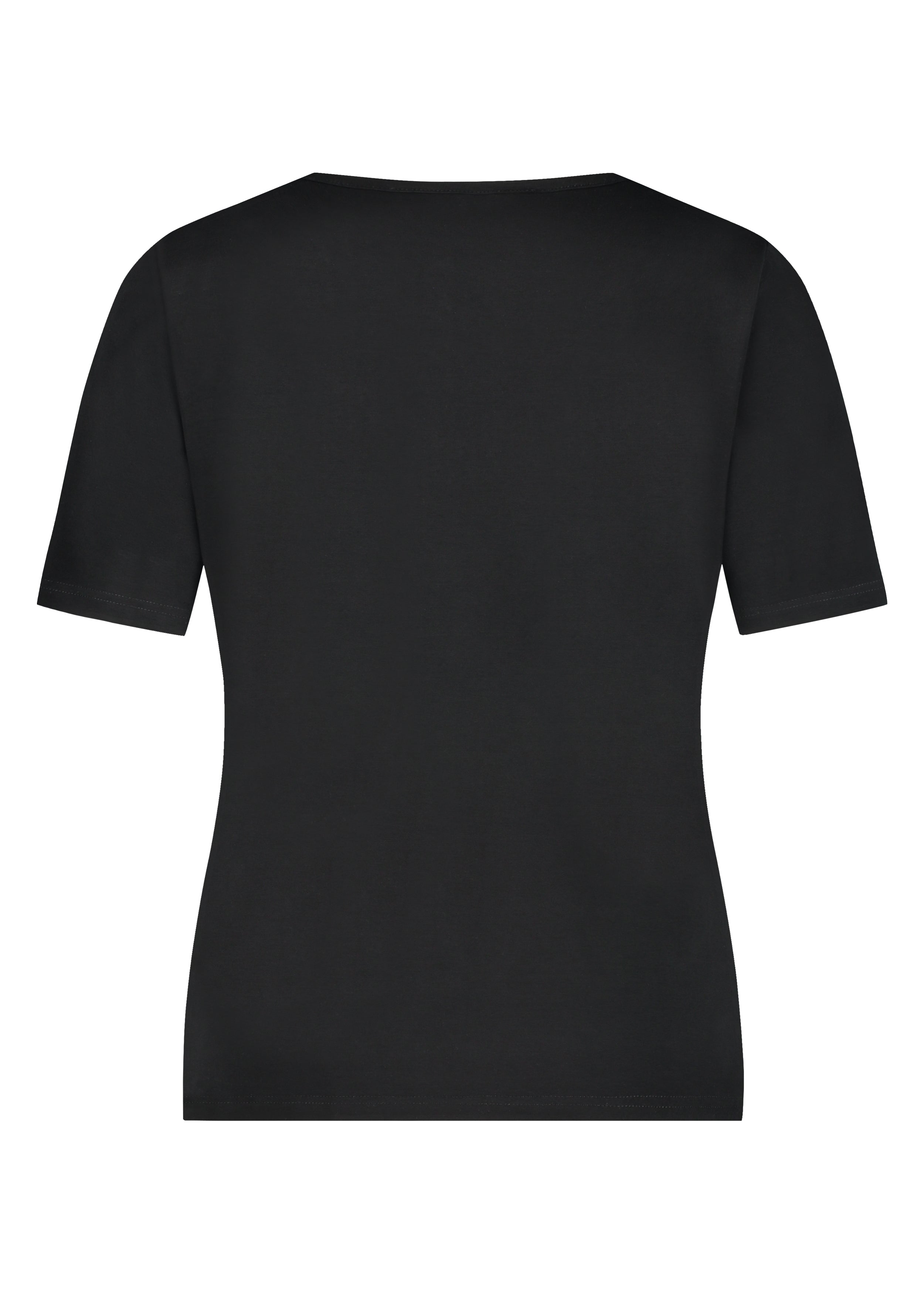 Back view of a plain black V-neck short sleeve T-shirt.