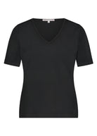 Front view of a plain black V-neck short sleeve T-shirt.
