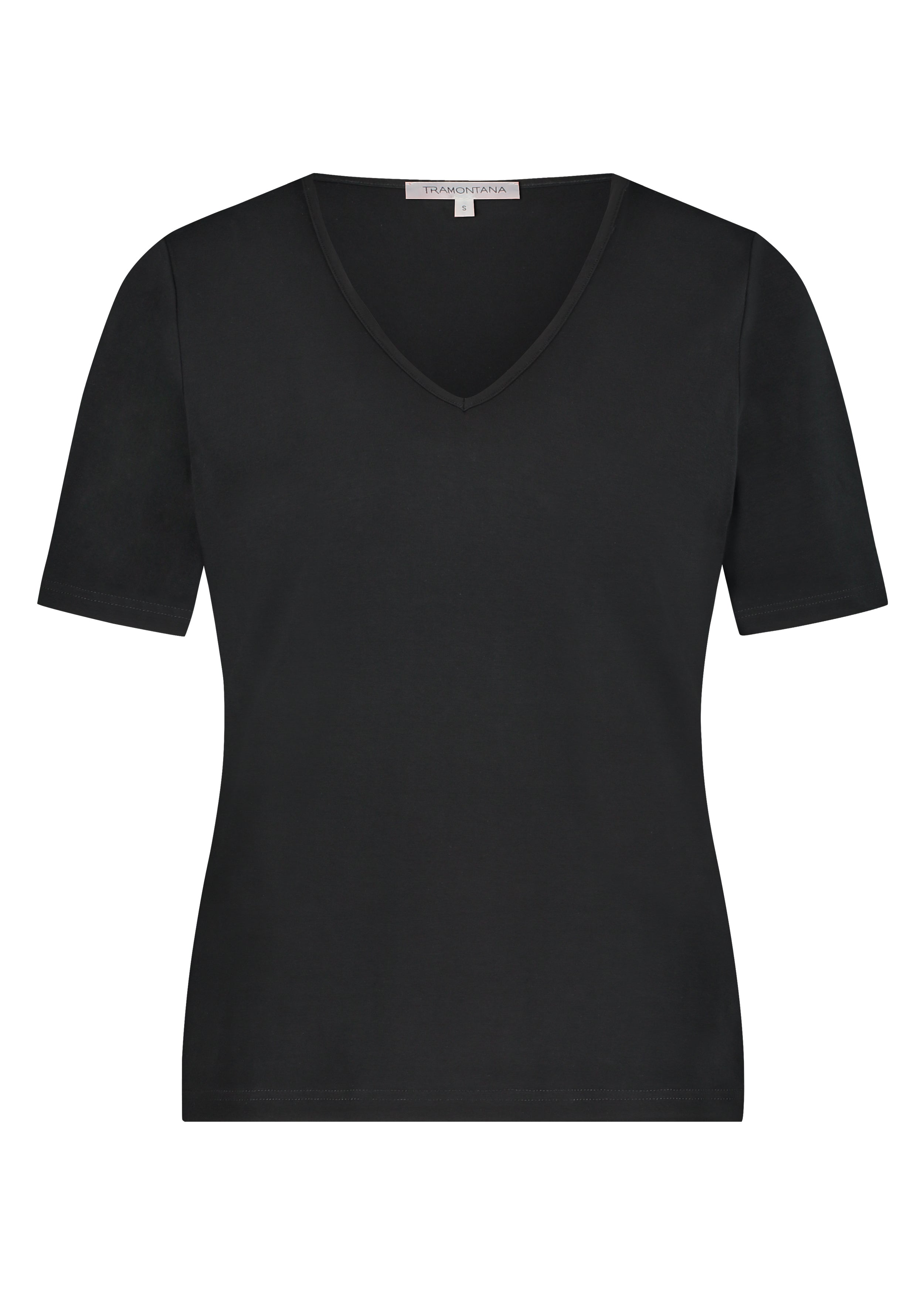 Front view of a plain black V-neck short sleeve T-shirt.